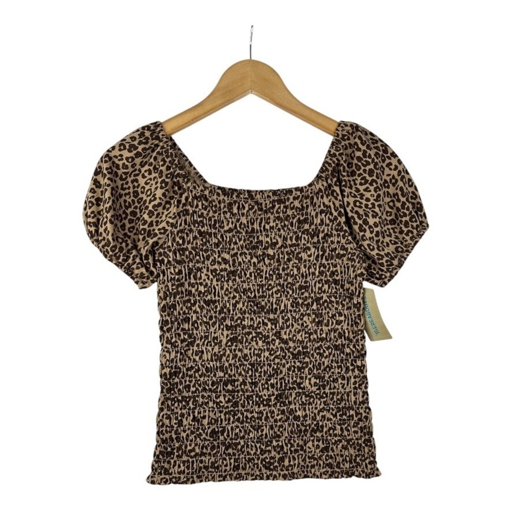 New Thereabouts Cheetah Print Smoked Blouse size L (14)‎ Tan/Brown/Black